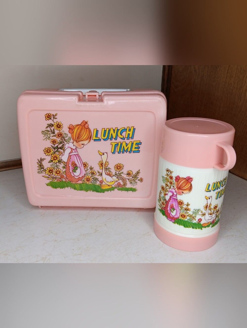 Vintage 1970s Holly Hobbie "Lunch Time" Plastic Lunchbox with Matching Thermos
